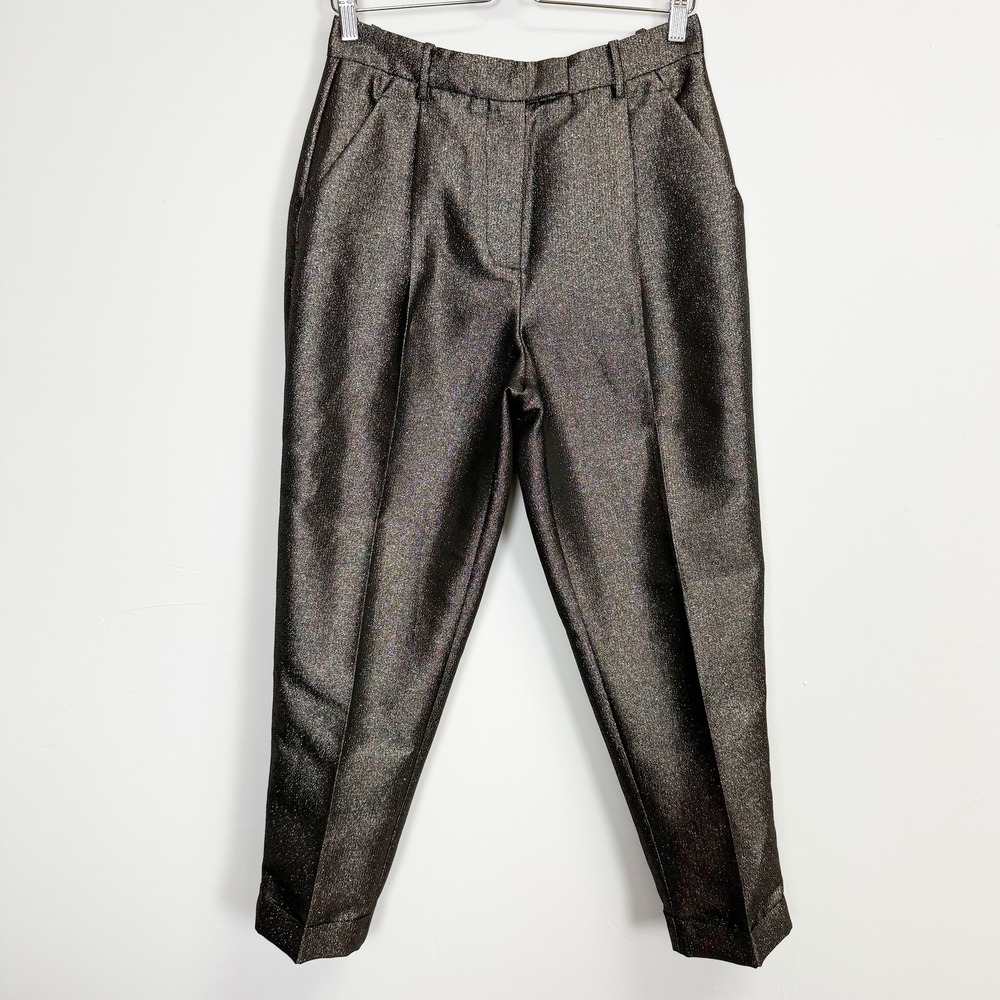 Reiss Pants Womens 6R Dark Gold Metallic Sienna Pleated High Rise Cropped NWT